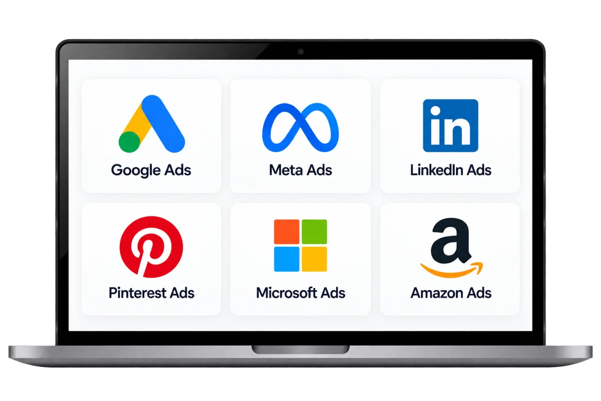 Portátil con los logotipos de Google Ads, Meta Ads, LinkedIn Ads, Pinterest Ads, Microsoft Ads y Amazon Ads