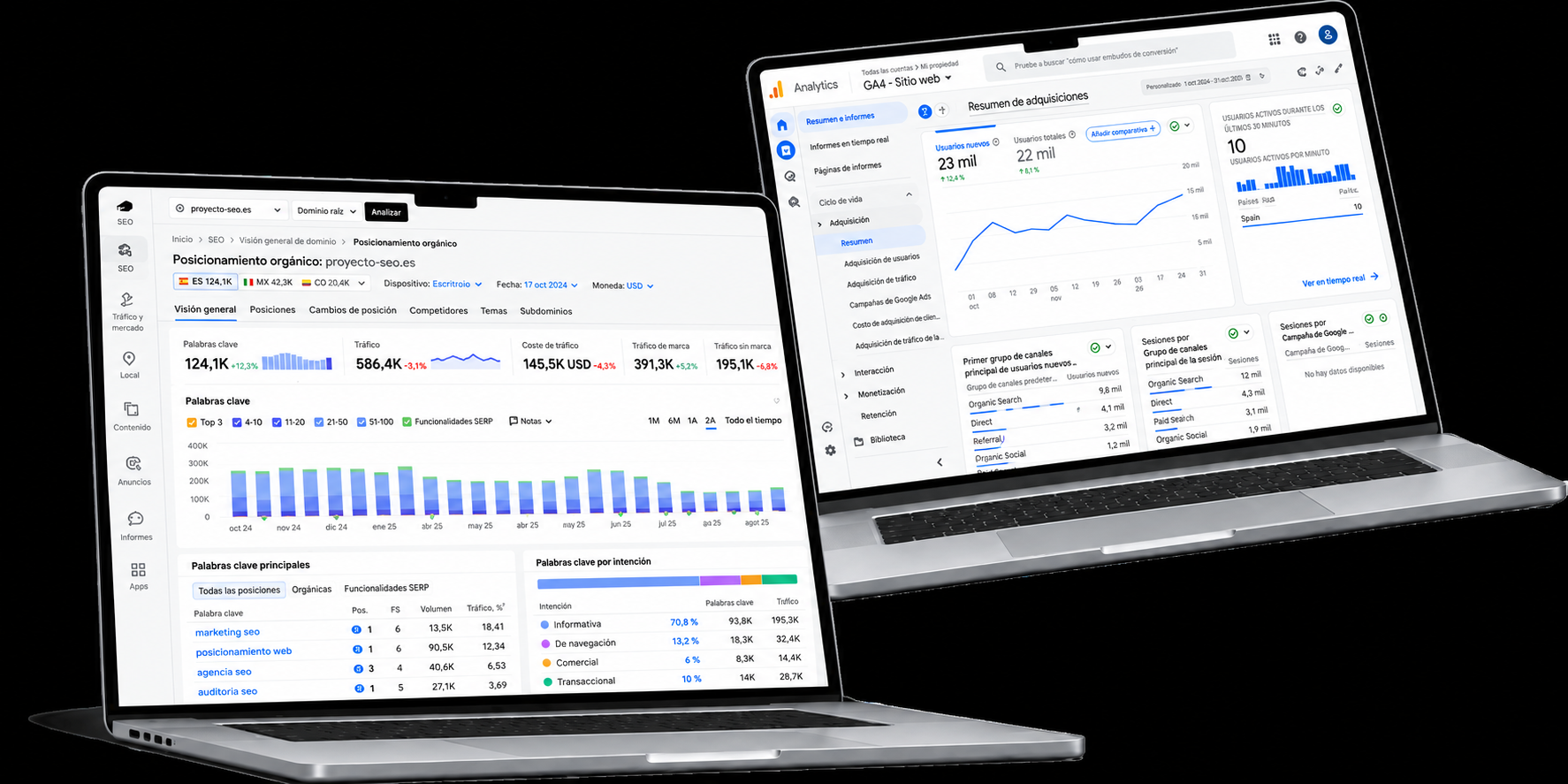 Dos portátiles con paneles de analítica y rendimiento SEO